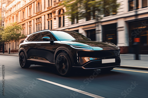 A black EV luxury SUV drives along a sunny road. Electric car in the street of a city © Maris