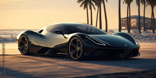 Elegant Black Electric Supercar on a Beach with Ocean Views in Sunny Weather and Palm Trees