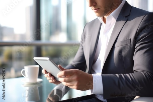 Photo of businessman using a digital tablet while sitting in the office.