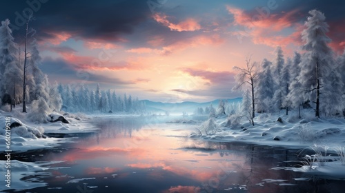 雪景色と川と夕焼け