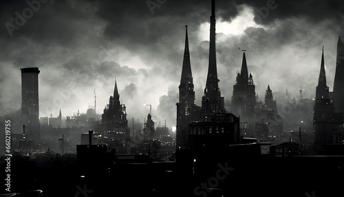 Dark Noir Cityscape with chimneys gothic UltraHD 8k Photorealistic Unreal Engine Render 