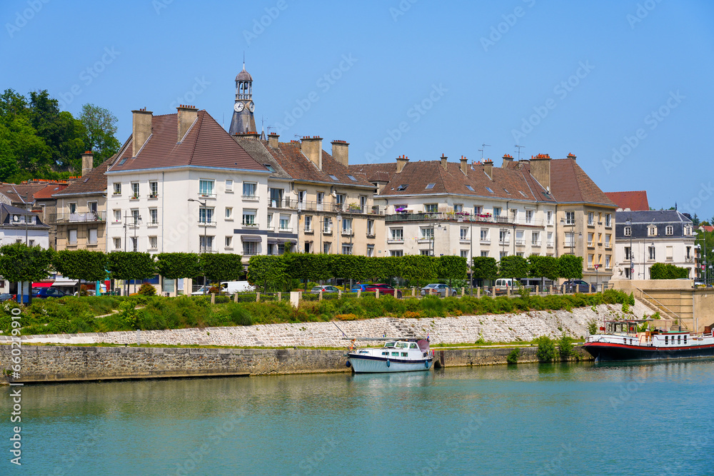 Residential buildings in Château-Thierry along the banks of the River Marne in the French department Aisne in Picardie