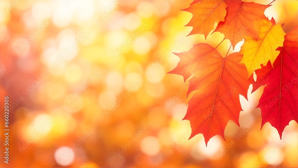 Beautiful autumn background with red leaves and bokeh sunshine, bokeh and glow. Falling leaves natural background.
