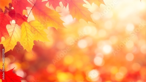 Beautiful autumn background with red leaves and bokeh sunshine  bokeh and glow. Falling leaves natural background.