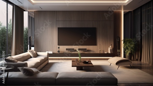 a modern home theater with a blurred background