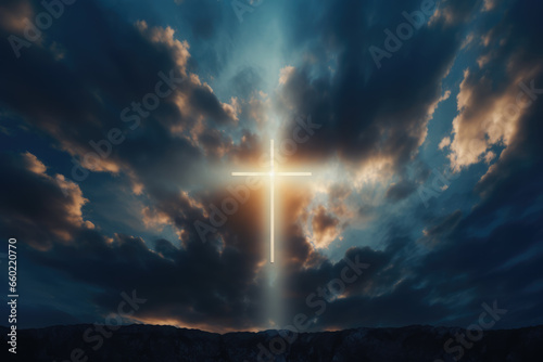 Cross Illuminated in Dark Sky with Clouds, God, Religion, Generative AI © illuminating images