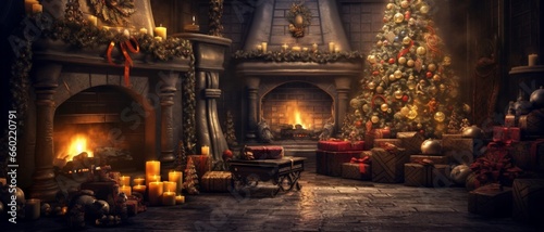 Christmas tree with presents and toys against a burning fireplace. Santa Claus  throne is in a magical room