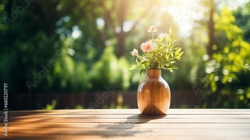A vase of flowers on a wooden table. The blurry background with the sun shining through the trees.