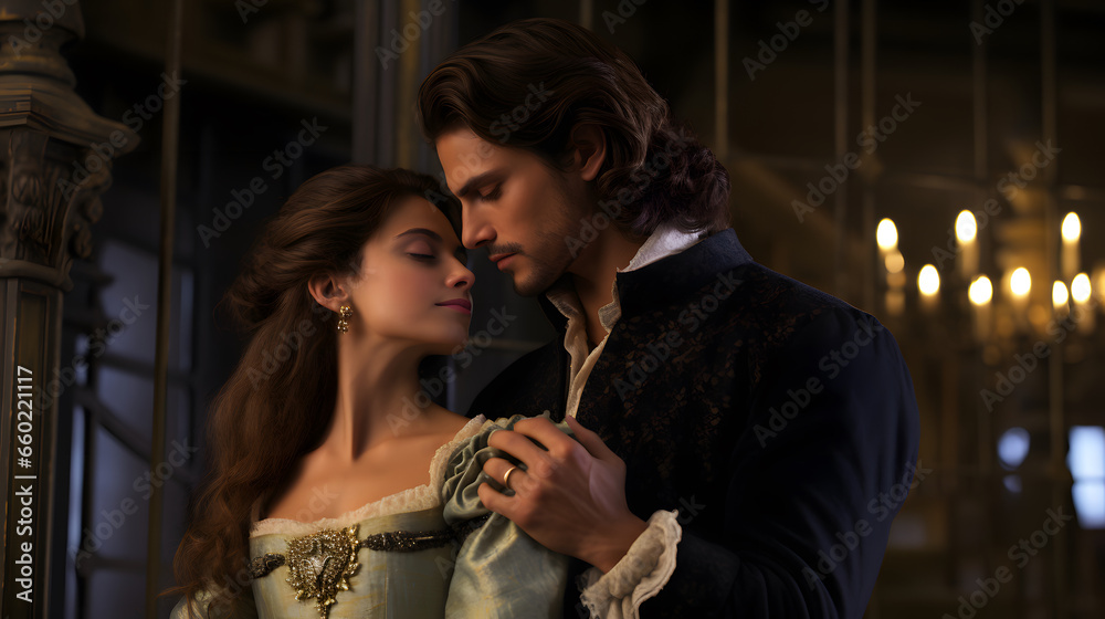 Romantic embrace between two dark-haired young, finely-dressed people Romantic embrace between two dark-haired young, finely-dressed people
