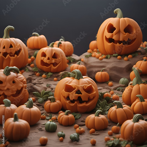 Halloween pumpkins on the ground. 3d render. horizontal