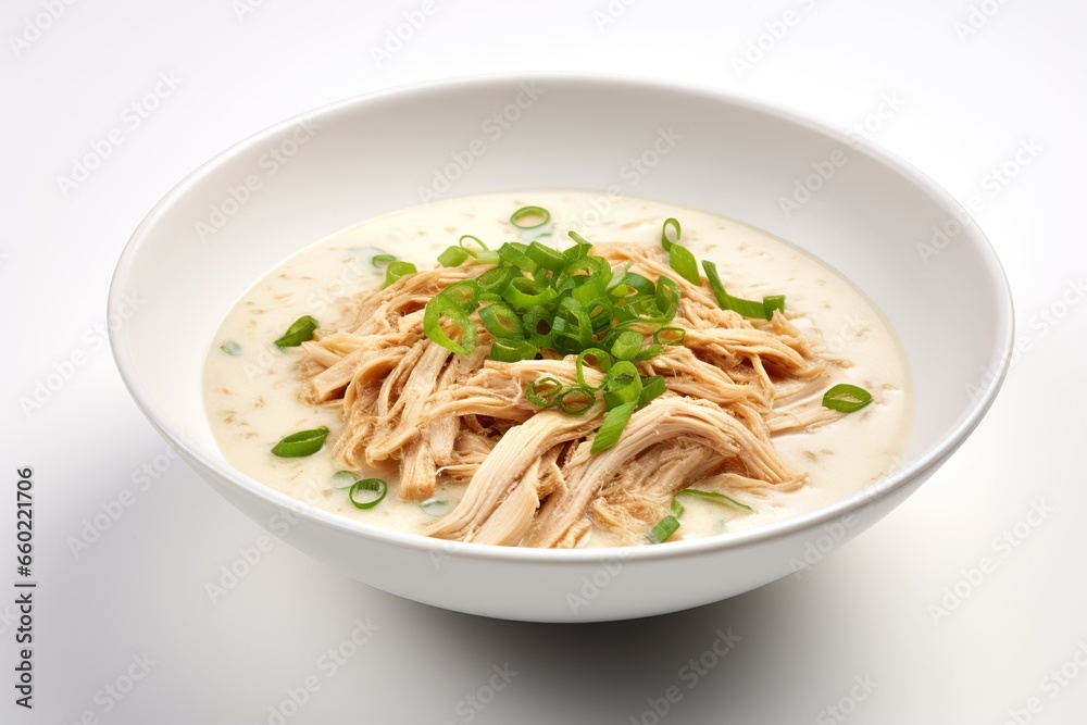 Top shot of a white bowl in it that is atop a white paper with Ginger shredded Chicken Soup Top shot of a white bowl in it that is atop a white paper with Ginger shredded Chicken Soup