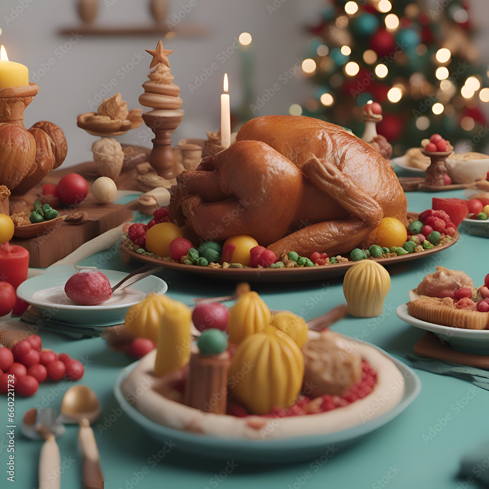 Christmas table with roasted turkey. cookies and candies. selective focus