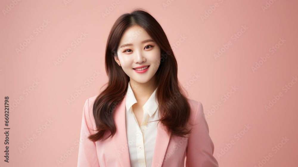 Portrait of Young beautiful Korean businesswoman standing and smiling isolated on pink background. Portrait of Young beautiful Korean businesswoman standing and smiling isolated on pink background.