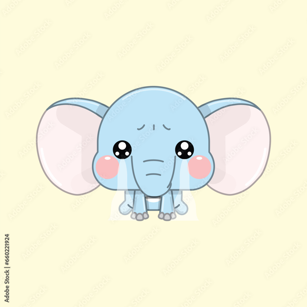 A Cute Cartoon Elephant Kneeling in Tears, Feeling Sad. Vector Illustration.