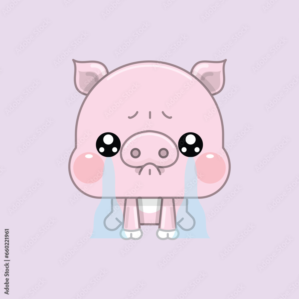 A Cute Cartoon Pink Pig Kneeling in Tears, Feeling Sad. Vector Illustration. A Cute Cartoon Pink Pig Kneeling in Tears, Feeling Sad. Vector Illustration.