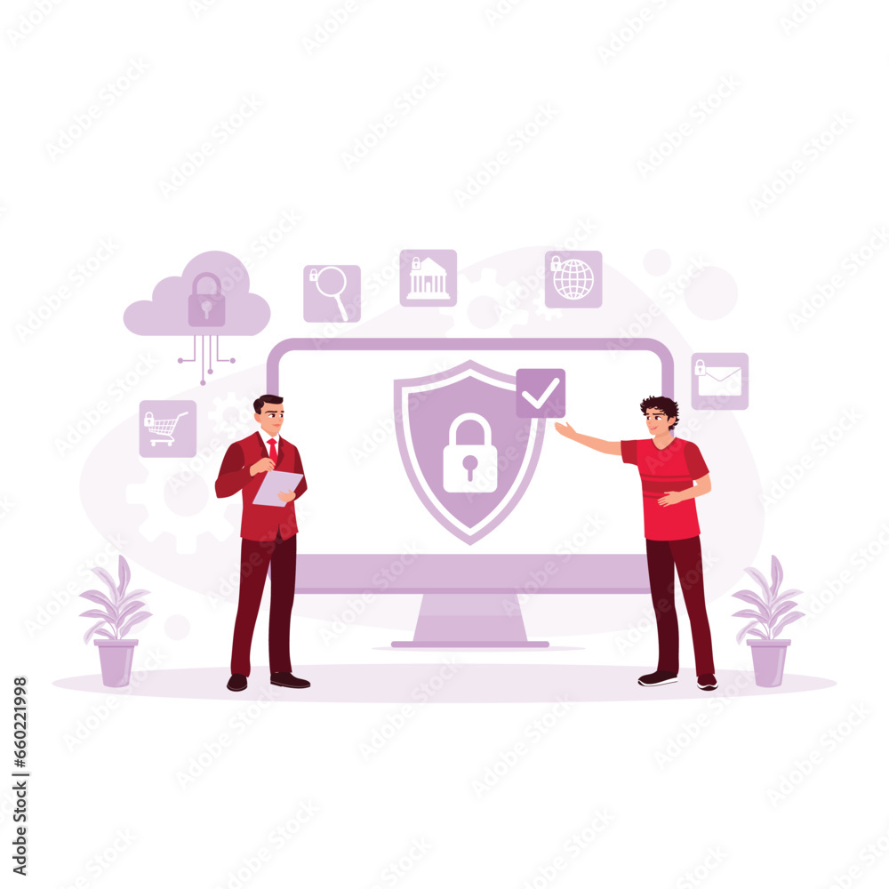 Businessman accessing company email data cyber security. Email Encryption concept. Trend Modern vector flat illustration Businessman accessing company email data cyber security. Email Encryption concept. Trend Modern vector flat illustration