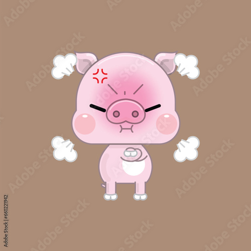 A Cute Cartoon Pink Pig, Standing with His Arms Crossed. Extremely Angry, and Steaming Smoke from His Head. Vector Illustration.