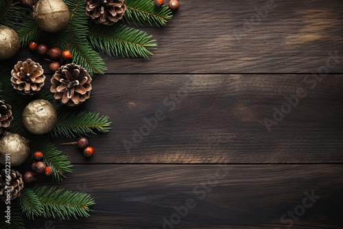 Christmas background with fir tree branches and golden baubles. Top view with copy space
