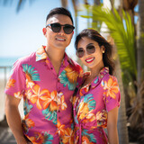 lifestyle couple dressed in colorful hawaiian shirts.