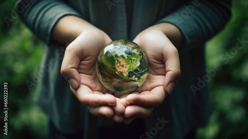 Green earth planet on volunteer's woman hands. World environment day, sustainable ecology and environmental friendly concept.
