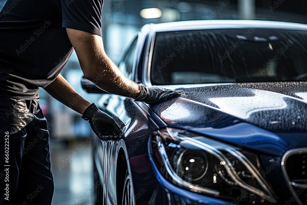 Car detailing series : Worker polishing a car in auto service Car detailing series : Worker polishing a car in auto service