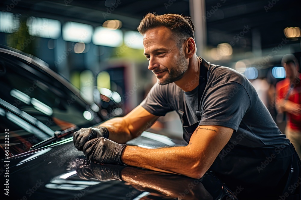 Obraz premium Car detailing series : Worker polishing a car in auto service