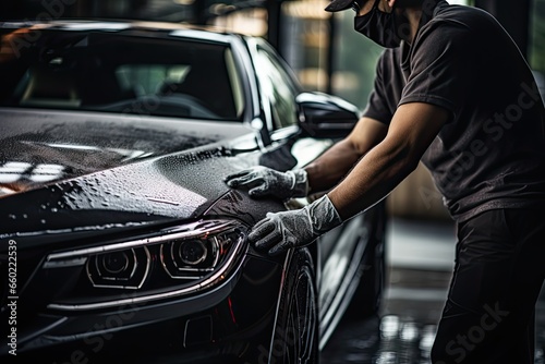 Car detailing series : Worker polishing a car in auto service