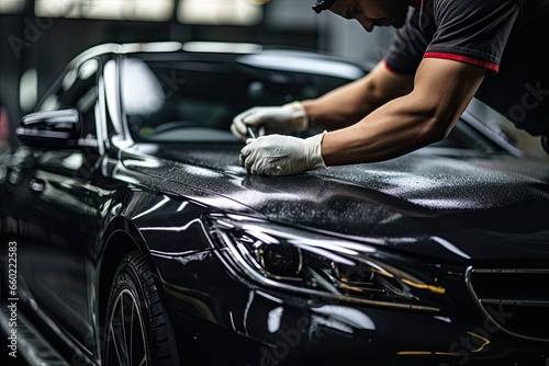 Car detailing series : Worker polishing a car in auto service © ffunn
