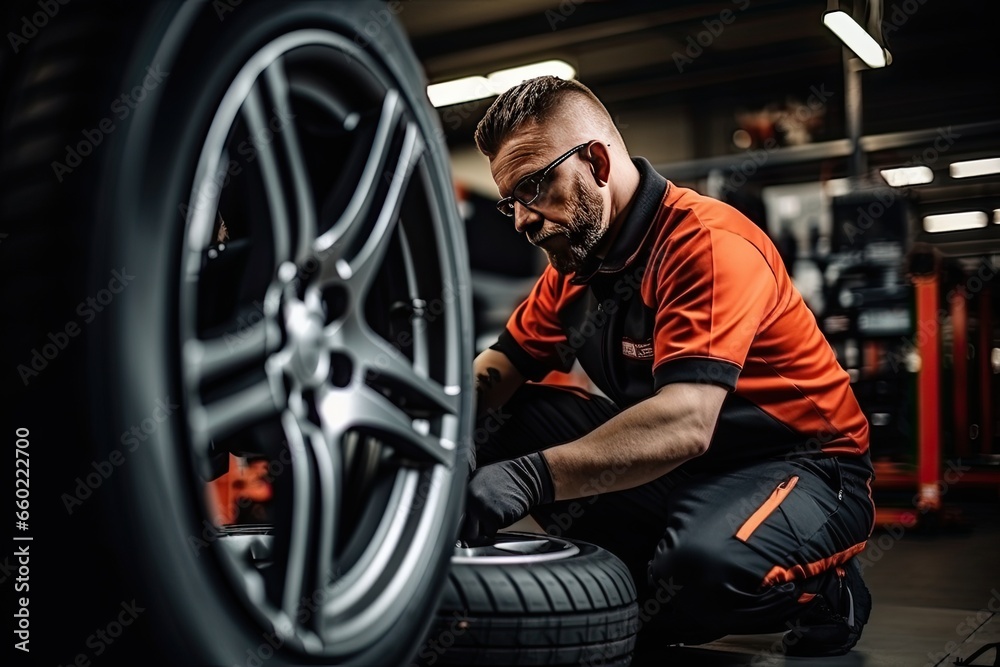 Obraz premium Close-up of mechanic changing wheel of car in auto repair shop
