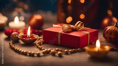 Gift box and christmas decoration on wooden table with bokeh background