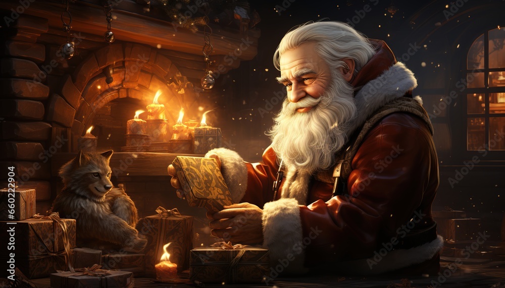 santa claus with christmas tree and gifts