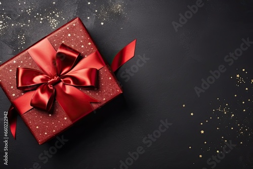 Gift box with red bow Christmas and new year on dark background. Top view with copy space