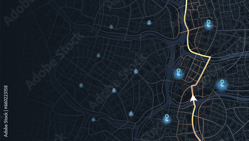 Location tracks dashboard. City street road. City streets and blocks, route distance data, path turns and destination tag or mark. Huge city top view. vector, illustration. Abstract background.