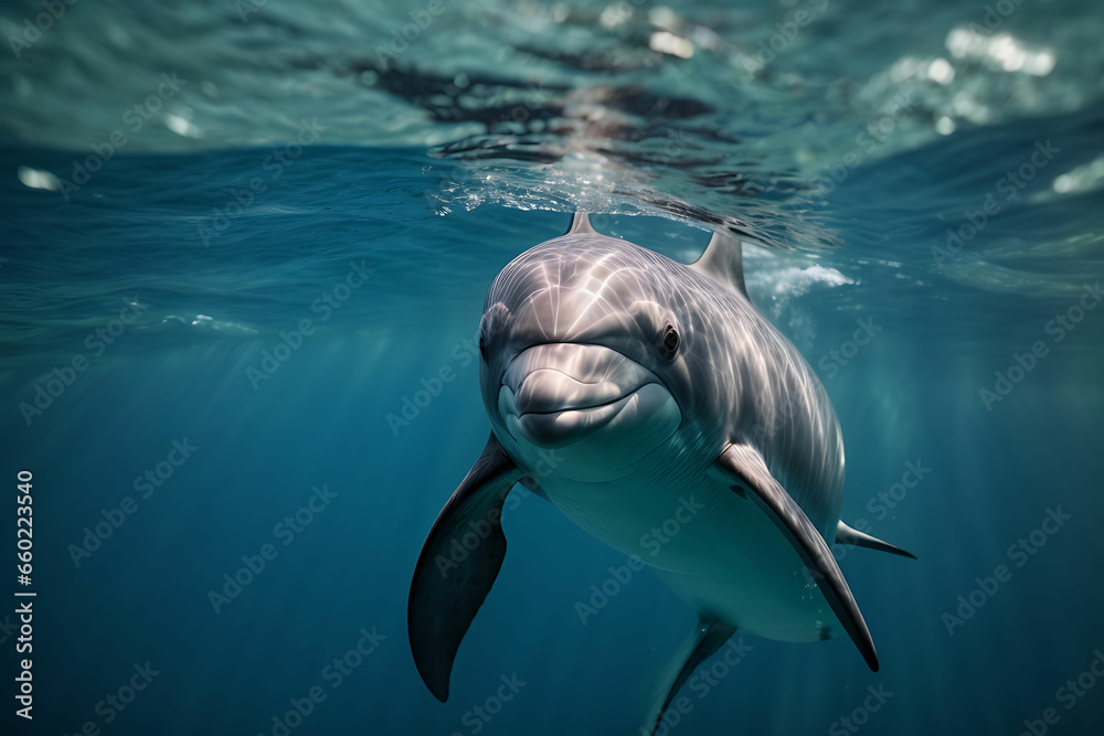 dolphin underwater on blue ocean background looking at you
