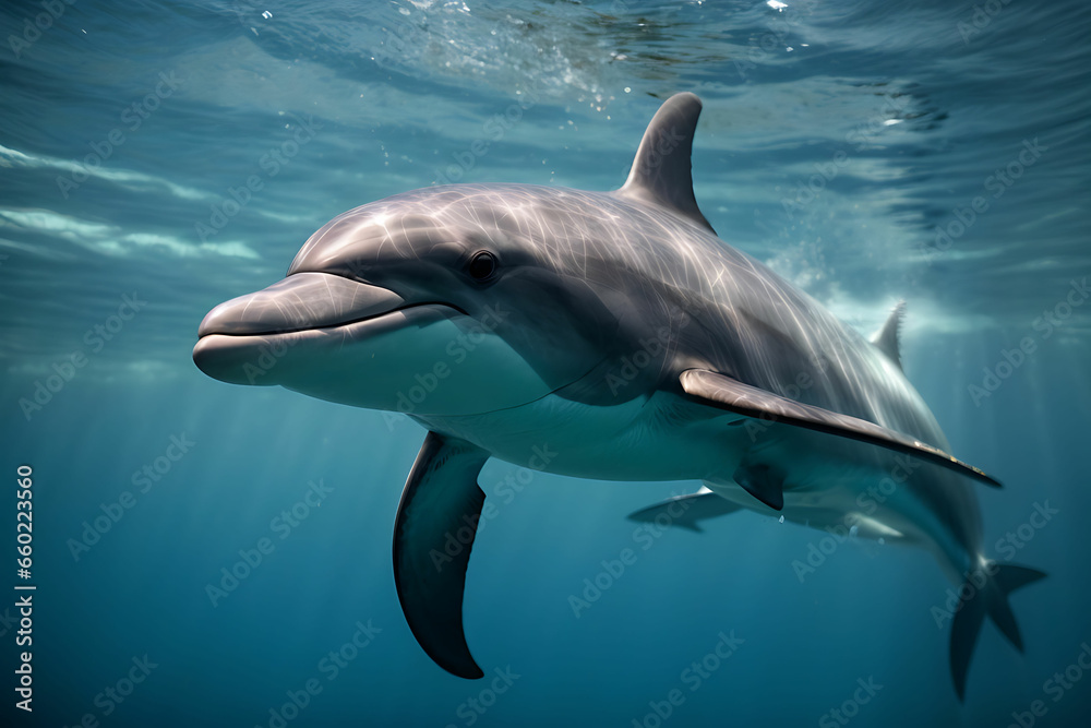dolphin underwater on blue ocean background looking at you
dolphin underwater on blue ocean background looking at you