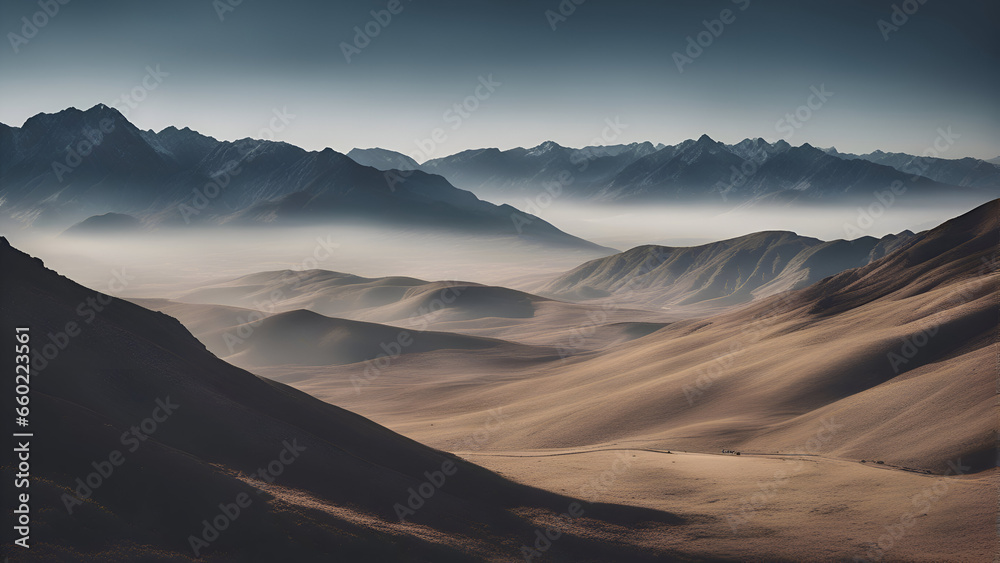 Mountain landscape with sand dunes at sunrise. 3d rendering