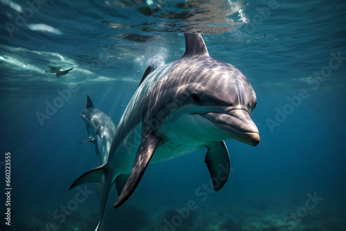 dolphin underwater on blue ocean background looking at you 