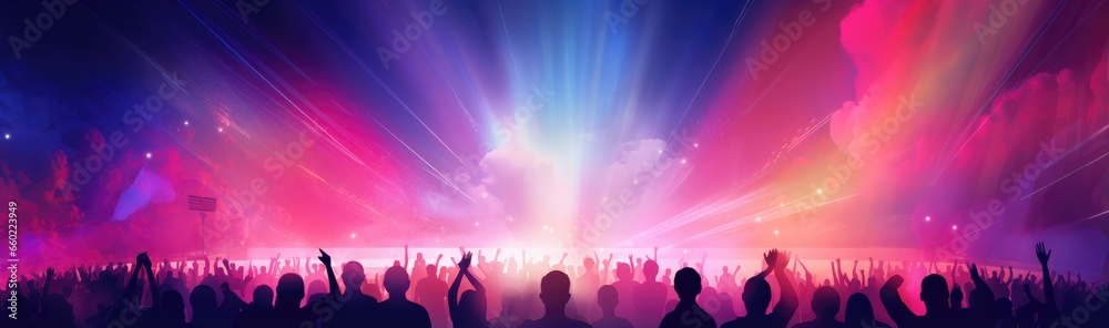 A crowd gathered on a stage for a lively performance - obrazy, fototapety, plakaty 