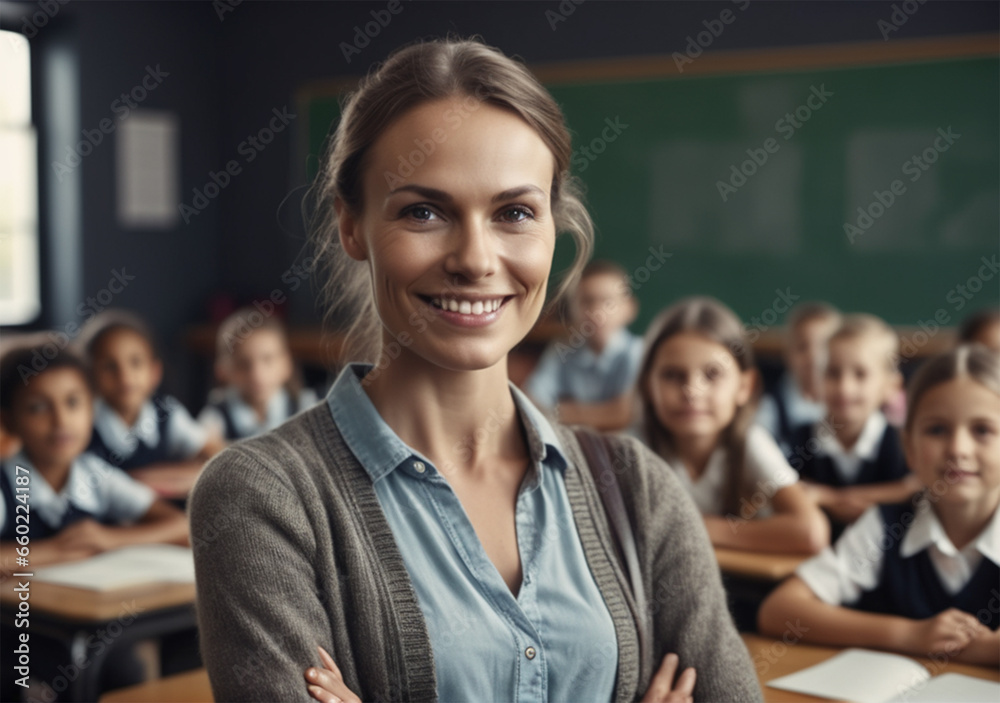 portrait of an elementary teacher in a classroom full of students portrait of an elementary teacher in a classroom full of students