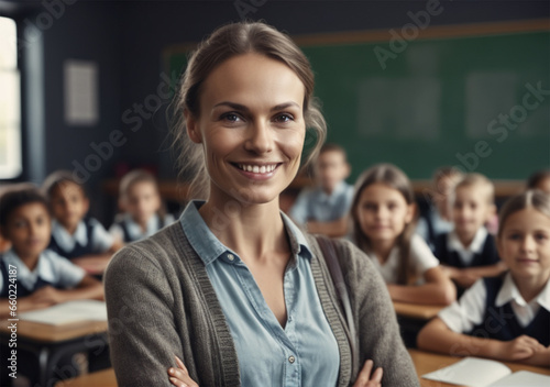 portrait of an elementary teacher in a classroom full of students