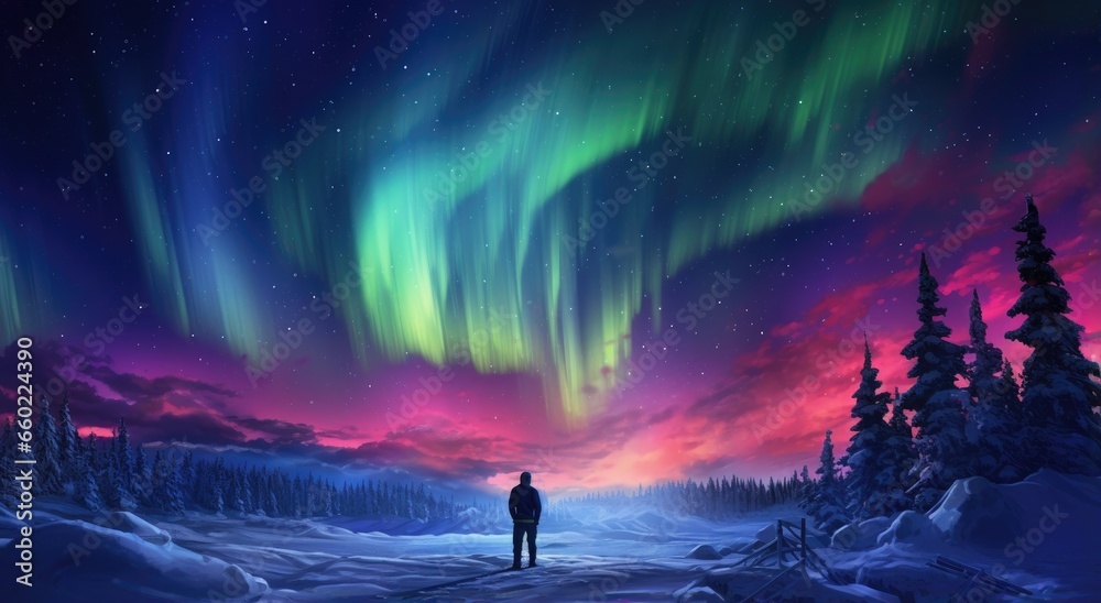 Fototapeta premium A man standing in a snowy field under a vibrant sky