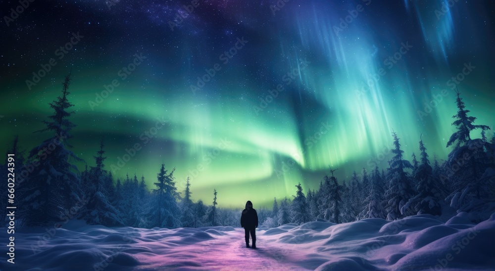 A person gazing at the mesmerizing aurora borealis in a snowy landscape