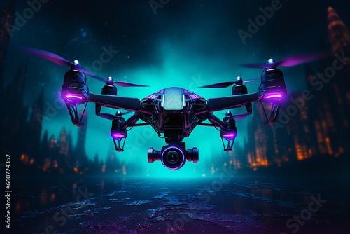 drone capturing data, neon, dark background