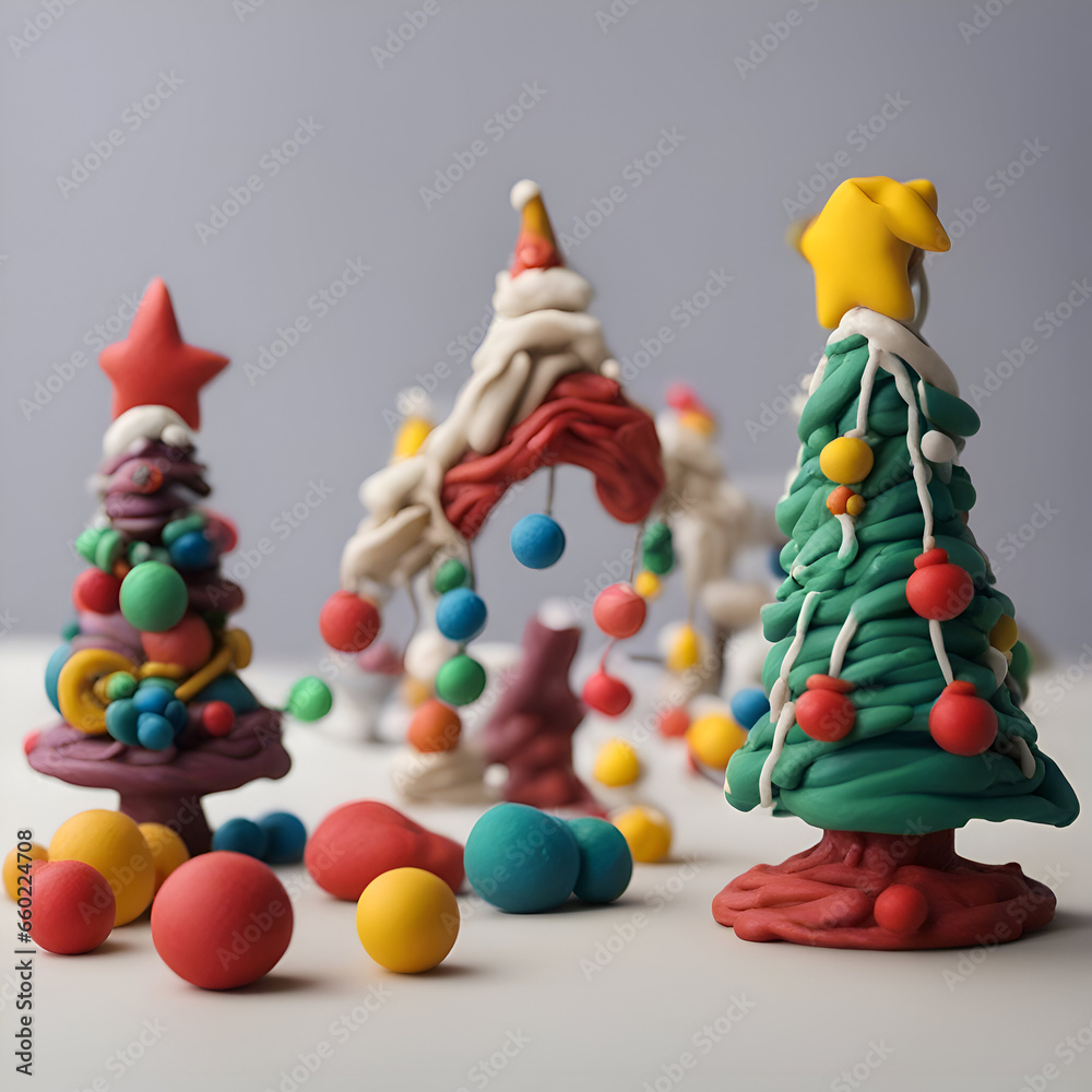 Christmas tree made of plasticine and colorful candies on a gray background