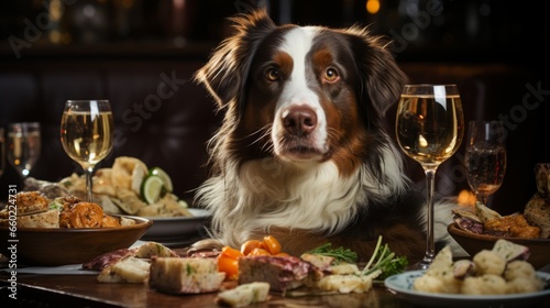 A dog sitting at a table with a delicious meal. Generative AI.  © Elle Arden 