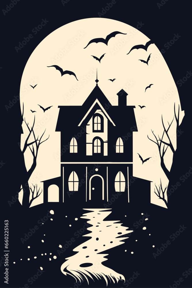 Halloween creepy spooky house. Haunted and cursed mansion at night. Vector poster, party invitation, black and white illustration concept