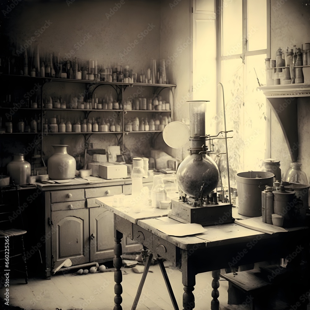 1800s photo of a empty laboratory historical photo  - obrazy, fototapety, plakaty 