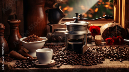 Coffee grinder and pile of coffee beans photo