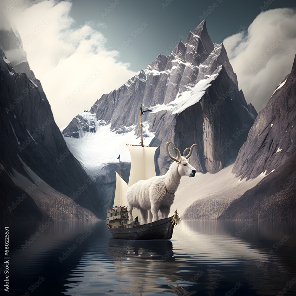 a mountain boat captained by a mountain goat sails up the mountain range along the spine of the world  - obrazy, fototapety, plakaty 