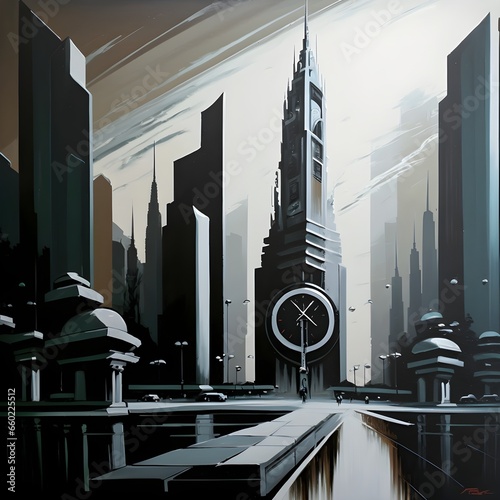 This painting 8k ultra HD depicts a modern cityscape with tall buildings and a large clock in the center The colors used are very sleek and contemporary with shades of black white and gray creating 